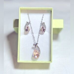 Pink Teardrop Silver Elegant Necklace and Earring Set